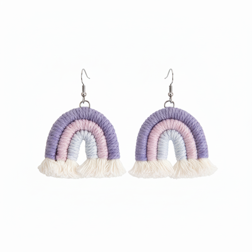 Purple Multi-Colored Yarn & Silvertone Rainbow Tassel Hook Earrings