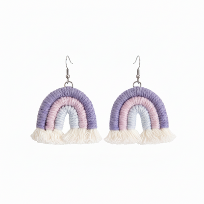 Purple Multi-Colored Yarn & Silvertone Rainbow Tassel Hook Earrings