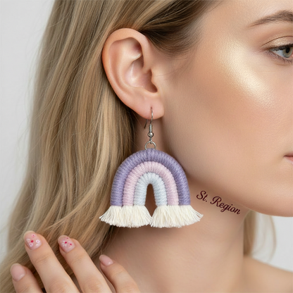 Purple Multi-Colored Yarn & Silvertone Rainbow Tassel Hook Earrings
