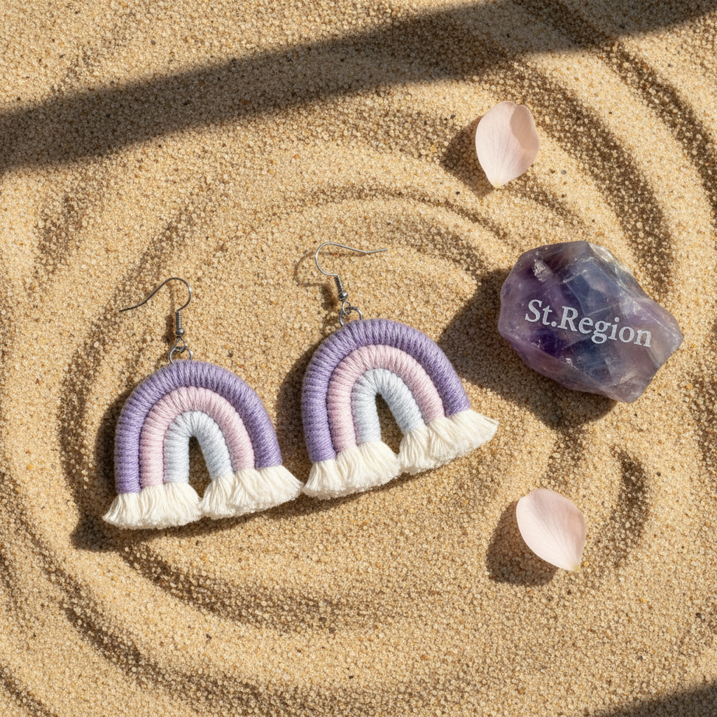 Purple Multi-Colored Yarn & Silvertone Rainbow Tassel Hook Earrings