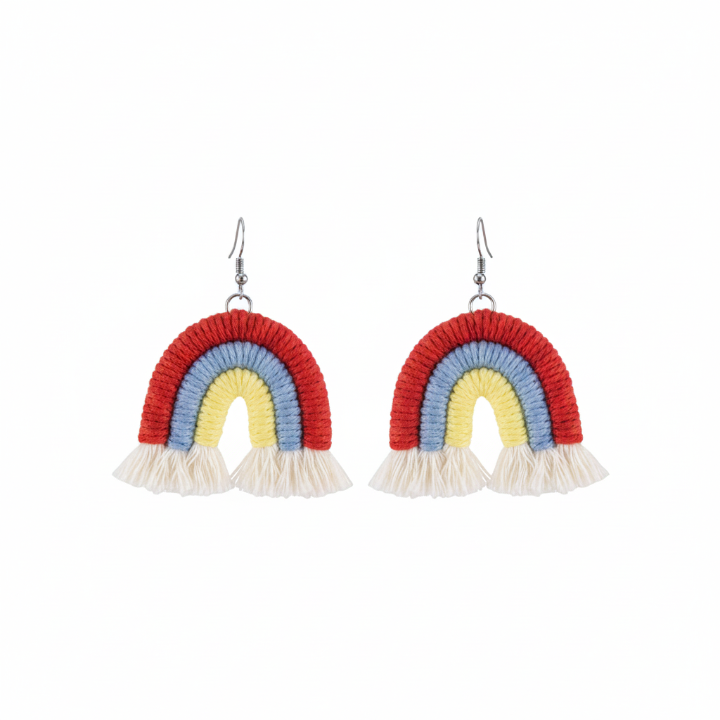 Red Multi-Colored Yarn & Silvertone Rainbow Tassel Hook Earrings