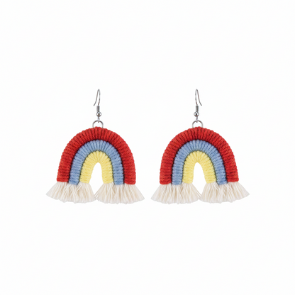 Red Multi-Colored Yarn & Silvertone Rainbow Tassel Hook Earrings