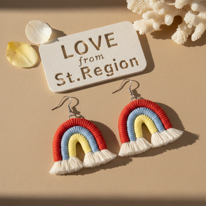 Red Multi-Colored Yarn & Silvertone Rainbow Tassel Hook Earrings
