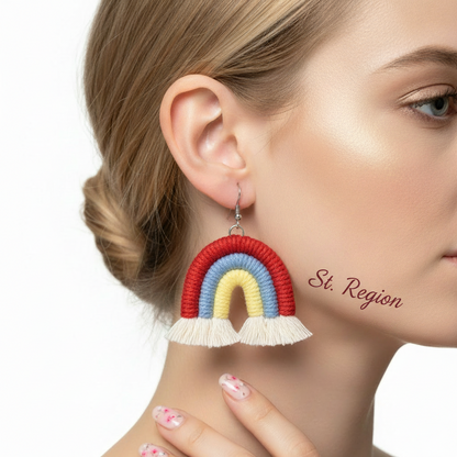 Red Multi-Colored Yarn & Silvertone Rainbow Tassel Hook Earrings