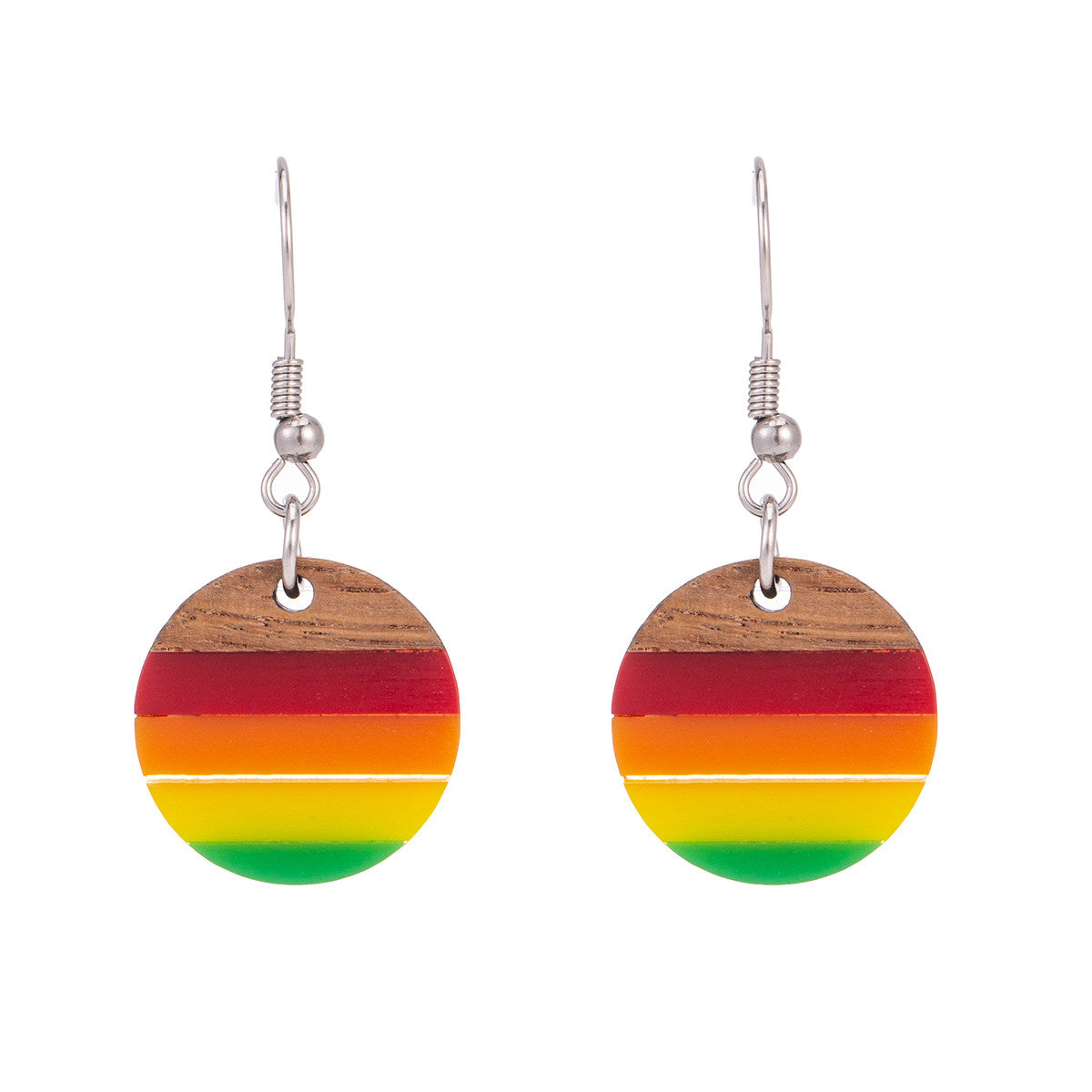 Multi-Colored Resin & Wood Silvertone Stripped Round Hook Earrings