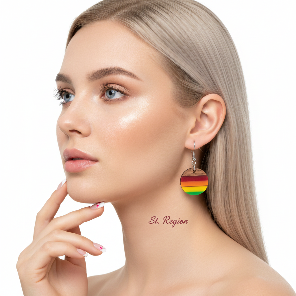 Multi-Colored Resin & Wood Silvertone Stripped Round Hook Earrings