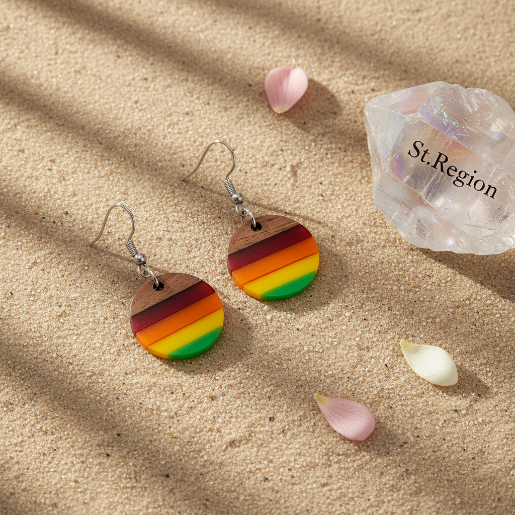Multi-Colored Resin & Wood Silvertone Stripped Round Hook Earrings