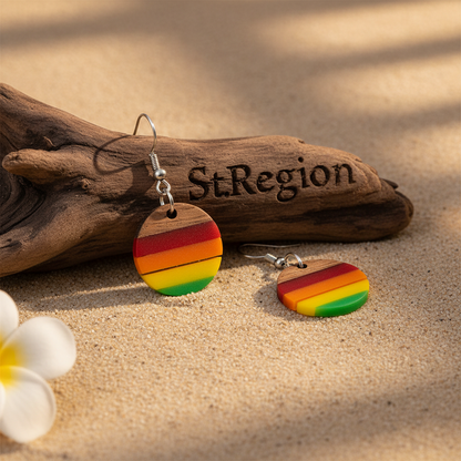 Multi-Colored Resin & Wood Silvertone Stripped Round Hook Earrings