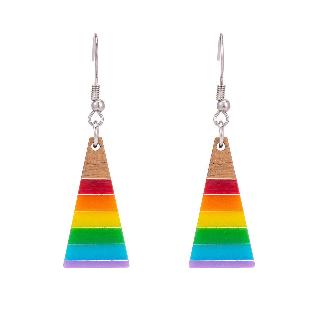 Multi-Colored Resin & Wood Silvertone Stripped Triangle Hook Earrings
