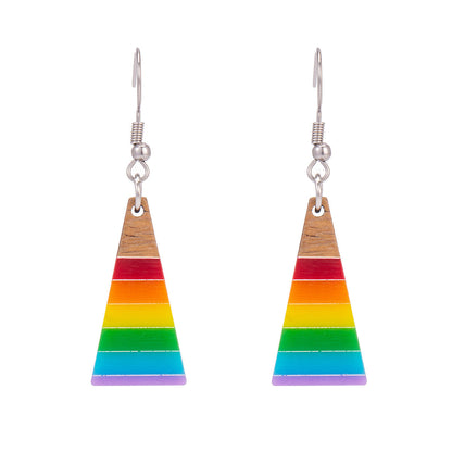 Multi-Colored Resin & Wood Silvertone Stripped Triangle Hook Earrings