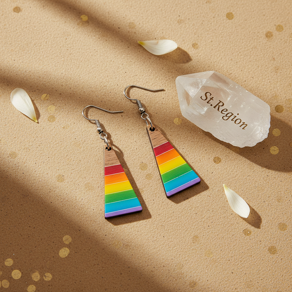 Multi-Colored Resin & Wood Silvertone Stripped Triangle Hook Earrings