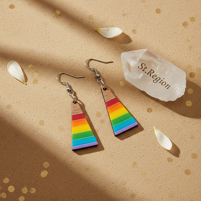 Multi-Colored Resin & Wood Silvertone Stripped Triangle Hook Earrings