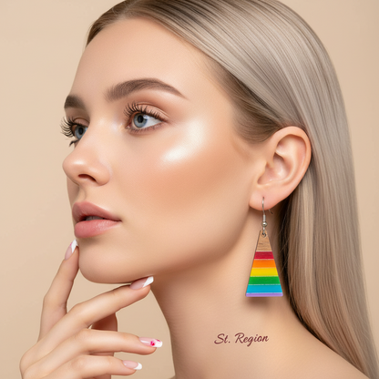 Multi-Colored Resin & Wood Silvertone Stripped Triangle Hook Earrings