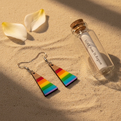 Multi-Colored Resin & Wood Silvertone Stripped Triangle Hook Earrings