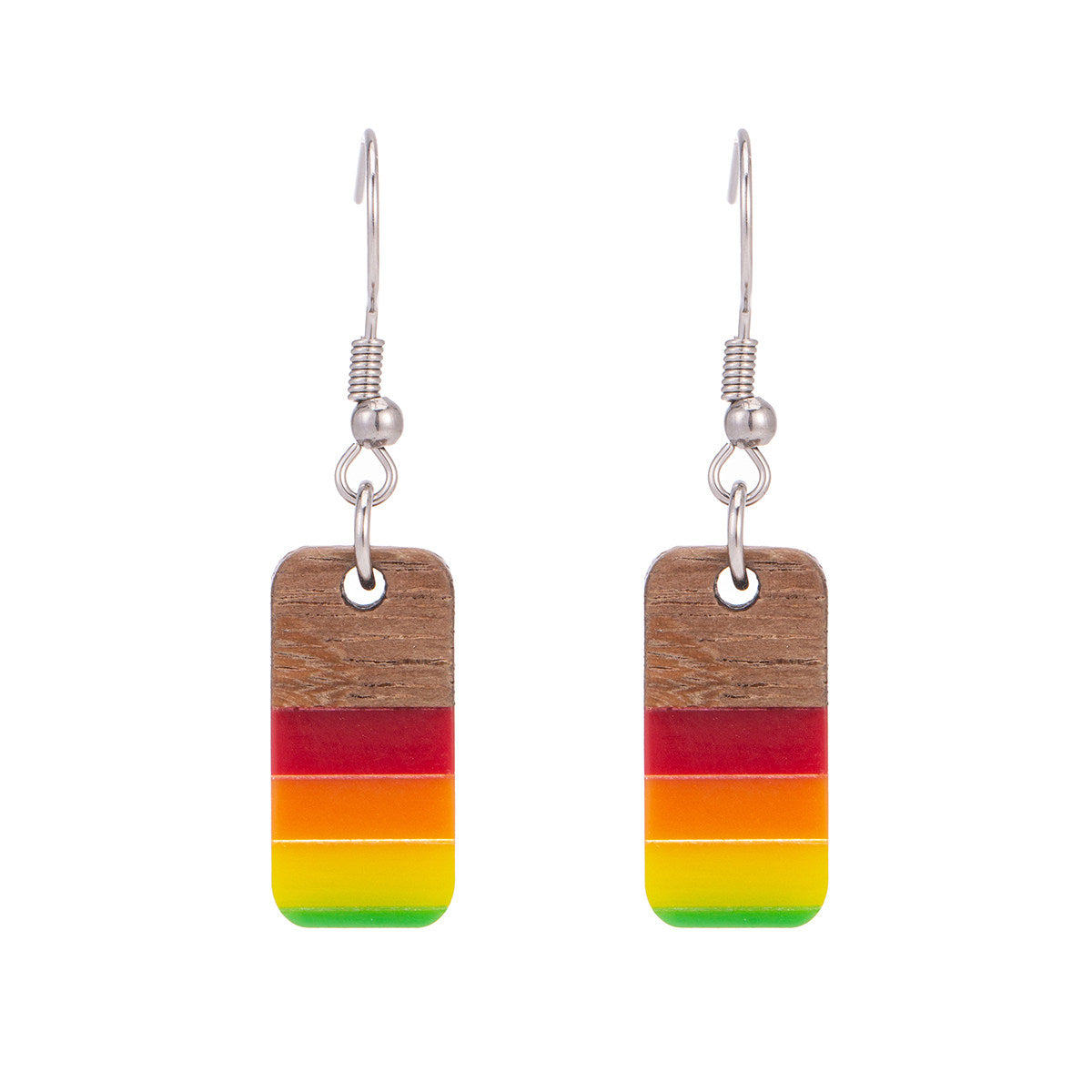 Multi-Colored Resin & Wood Silvertone Stripped Rectangle Hook Earrings