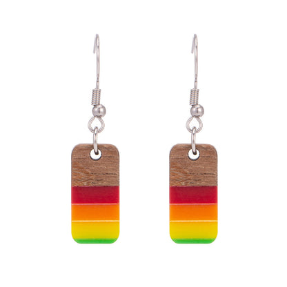 Multi-Colored Resin & Wood Silvertone Stripped Rectangle Hook Earrings