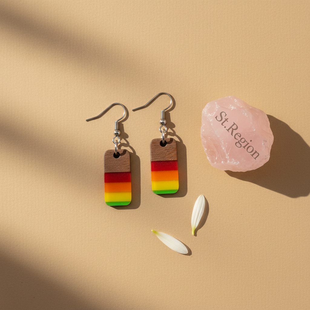 Multi-Colored Resin & Wood Silvertone Stripped Rectangle Hook Earrings