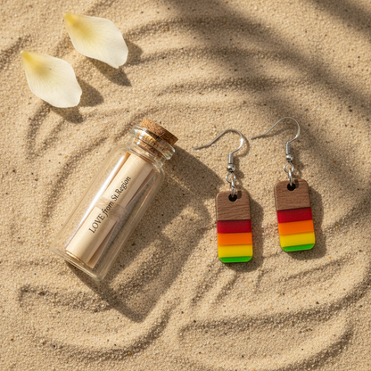 Multi-Colored Resin & Wood Silvertone Stripped Rectangle Hook Earrings