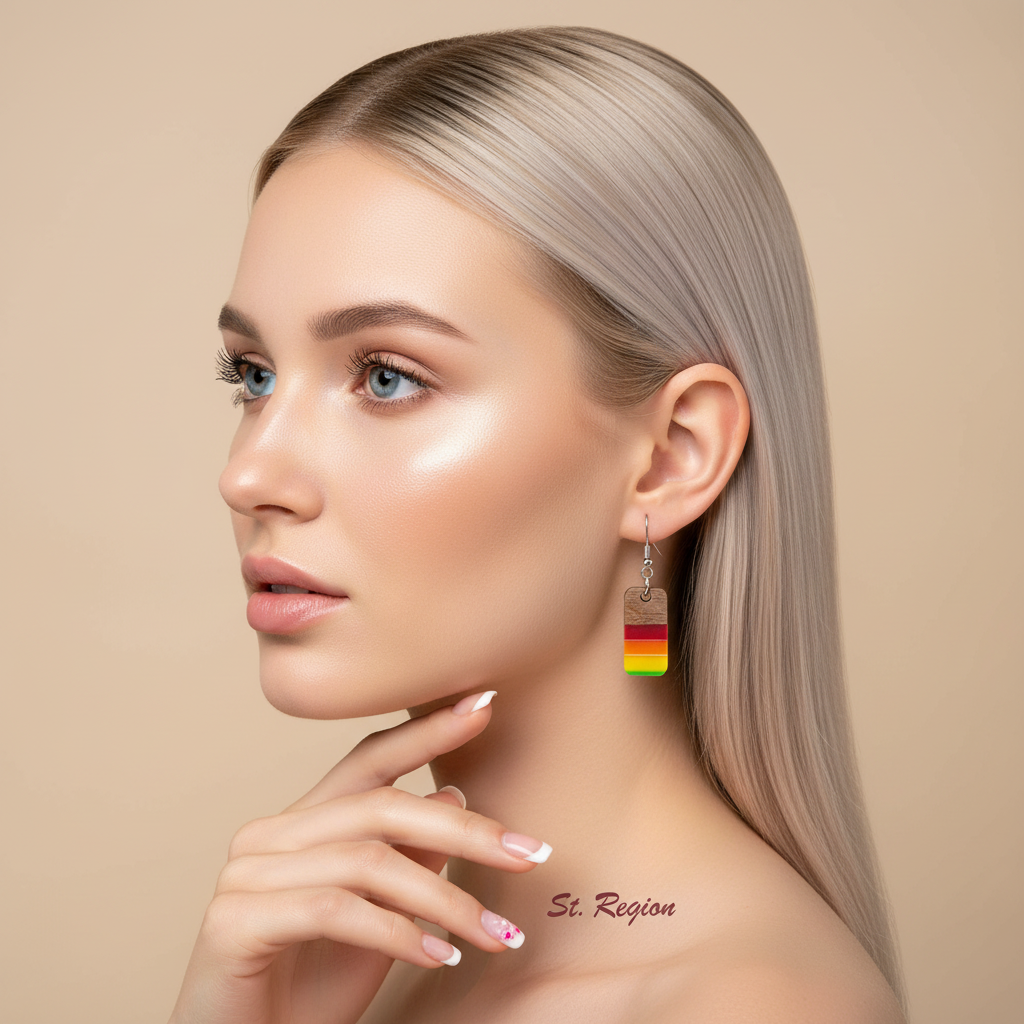 Multi-Colored Resin & Wood Silvertone Stripped Rectangle Hook Earrings