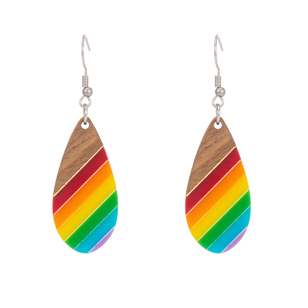 Multi-Colored Resin & Wood Silvertone Stripped Drop Hook Earrings