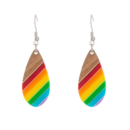 Multi-Colored Resin & Wood Silvertone Stripped Drop Hook Earrings