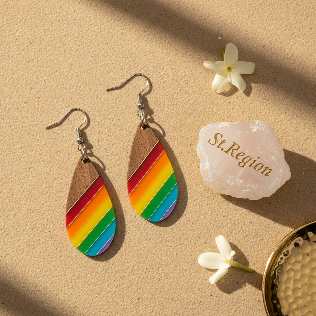 Multi-Colored Resin & Wood Silvertone Stripped Drop Hook Earrings