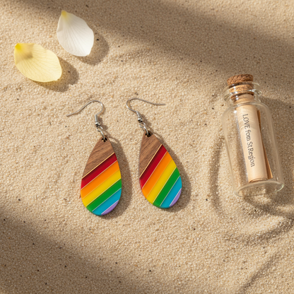 Multi-Colored Resin & Wood Silvertone Stripped Drop Hook Earrings