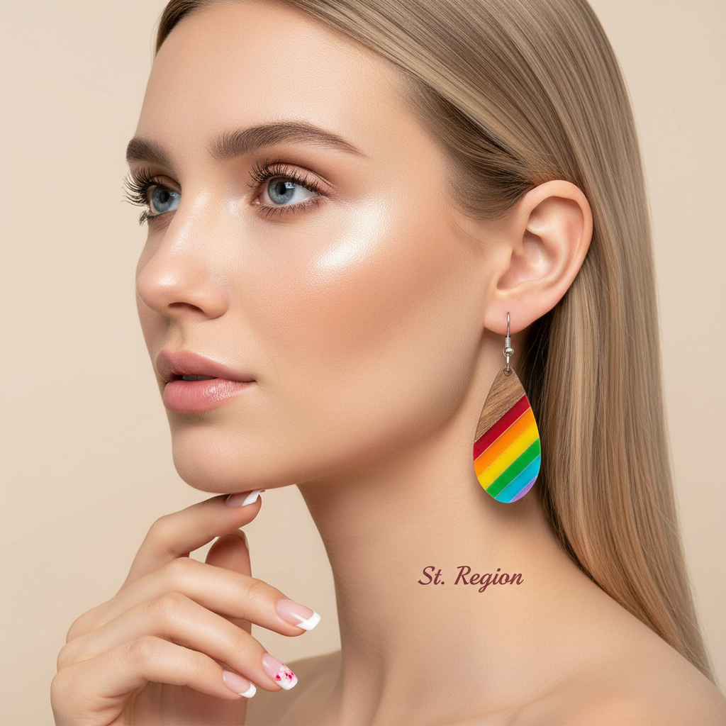 Multi-Colored Resin & Wood Silvertone Stripped Drop Hook Earrings