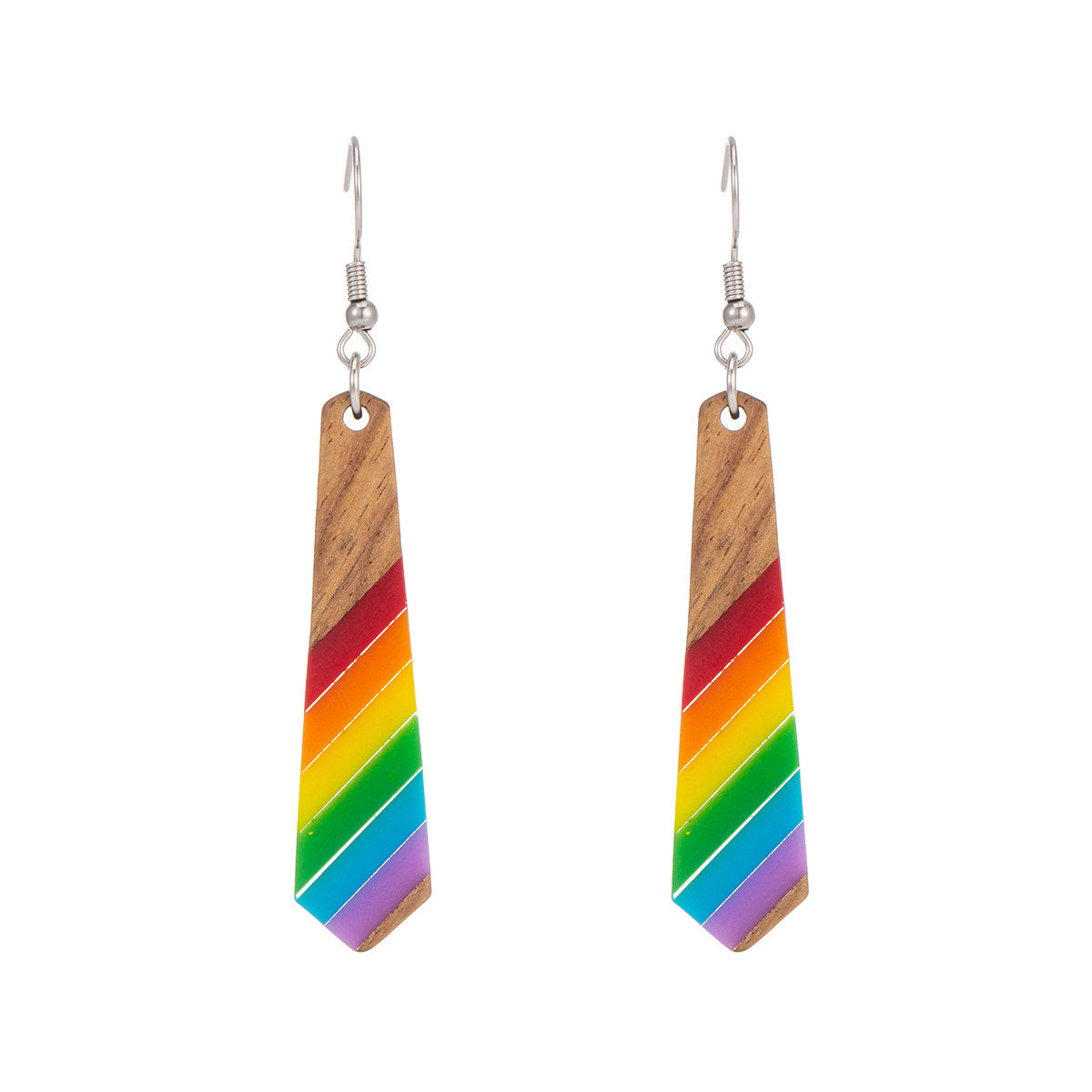 Multi-Colored Resin & Wood Silvertone Stripped Rhombus Hook Earrings