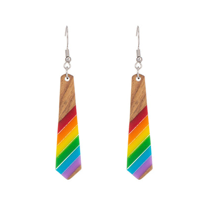 Multi-Colored Resin & Wood Silvertone Stripped Rhombus Hook Earrings