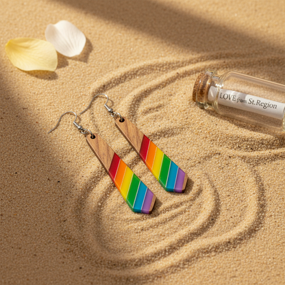 Multi-Colored Resin & Wood Silvertone Stripped Rhombus Hook Earrings