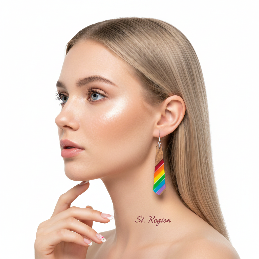 Multi-Colored Resin & Wood Silvertone Stripped Rhombus Hook Earrings