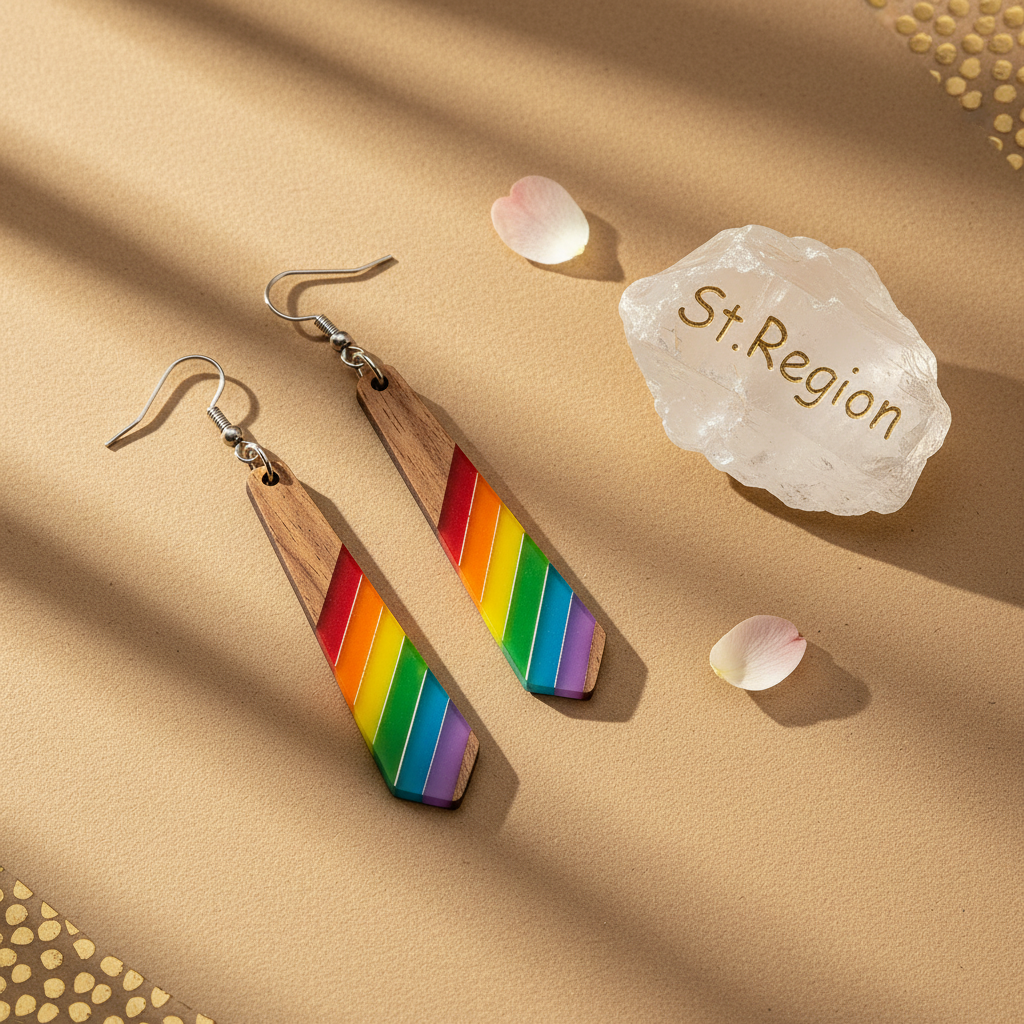 Multi-Colored Resin & Wood Silvertone Stripped Rhombus Hook Earrings