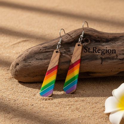 Multi-Colored Resin & Wood Silvertone Stripped Rhombus Hook Earrings