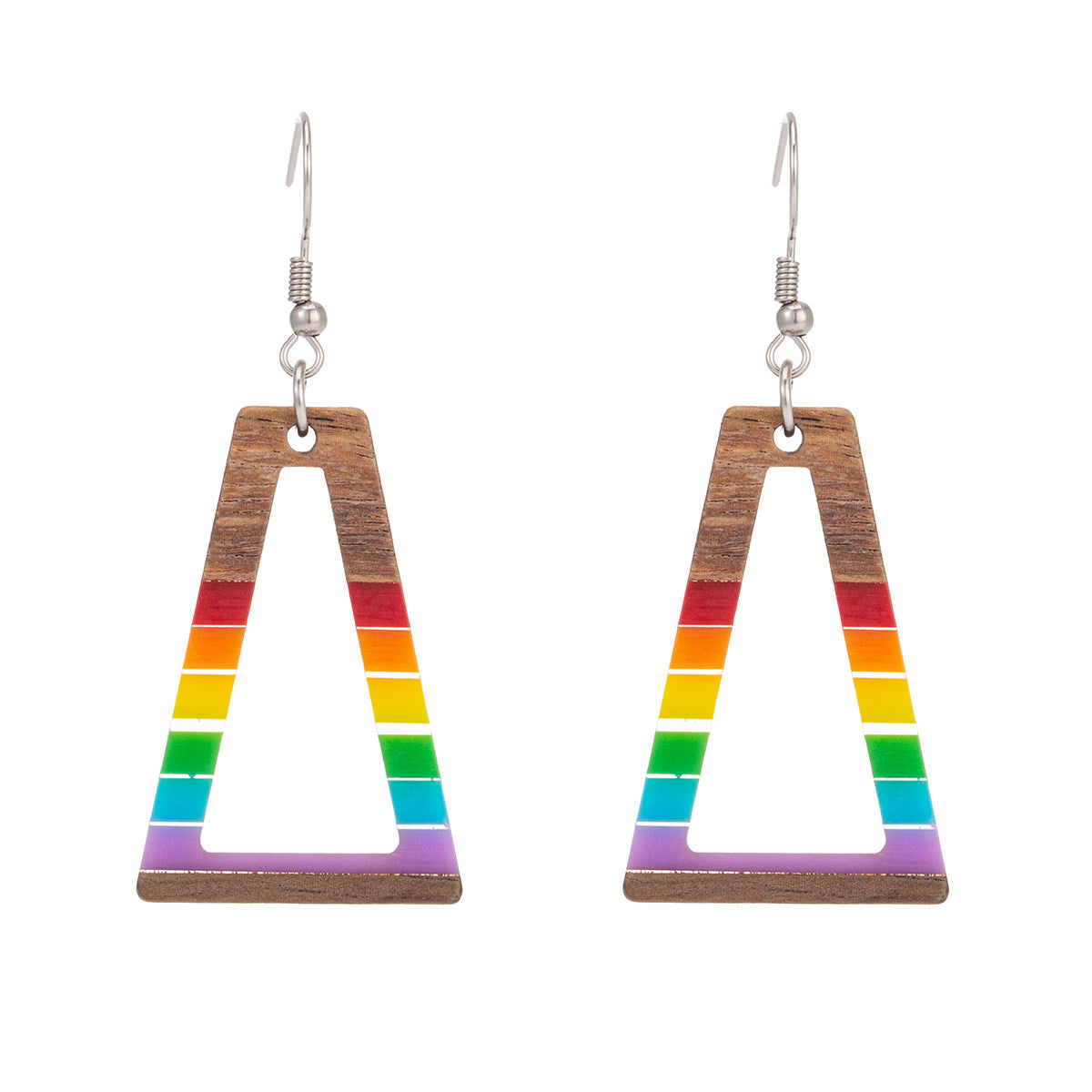 Multi-Colored Resin & Wood Silvertone Open Stripped Trapezoid Hook Earrings
