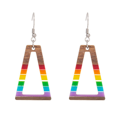 Multi-Colored Resin & Wood Silvertone Open Stripped Trapezoid Hook Earrings