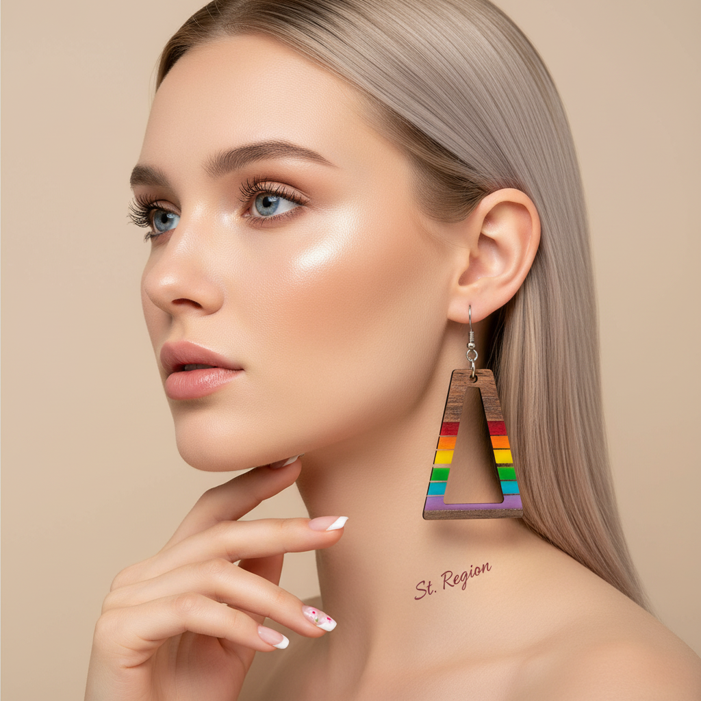 Multi-Colored Resin & Wood Silvertone Open Stripped Trapezoid Hook Earrings