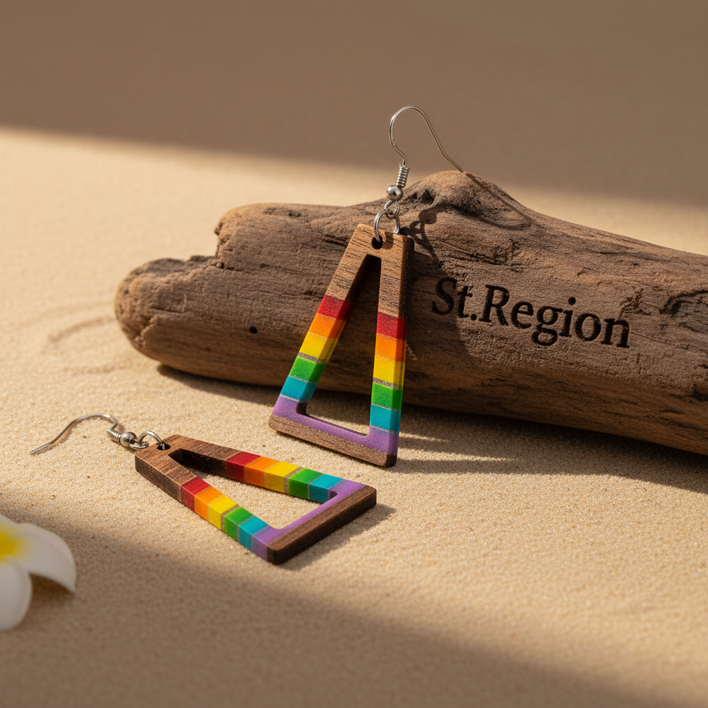 Multi-Colored Resin & Wood Silvertone Open Stripped Trapezoid Hook Earrings