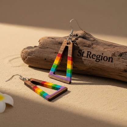 Multi-Colored Resin & Wood Silvertone Open Stripped Trapezoid Hook Earrings