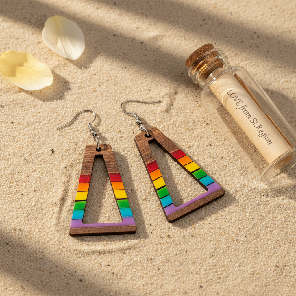 Multi-Colored Resin & Wood Silvertone Open Stripped Trapezoid Hook Earrings