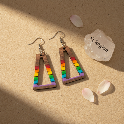 Multi-Colored Resin & Wood Silvertone Open Stripped Trapezoid Hook Earrings