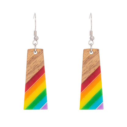 Multi-Colored Resin & Wood Silvertone Stripped Trapezoid Hook Earrings