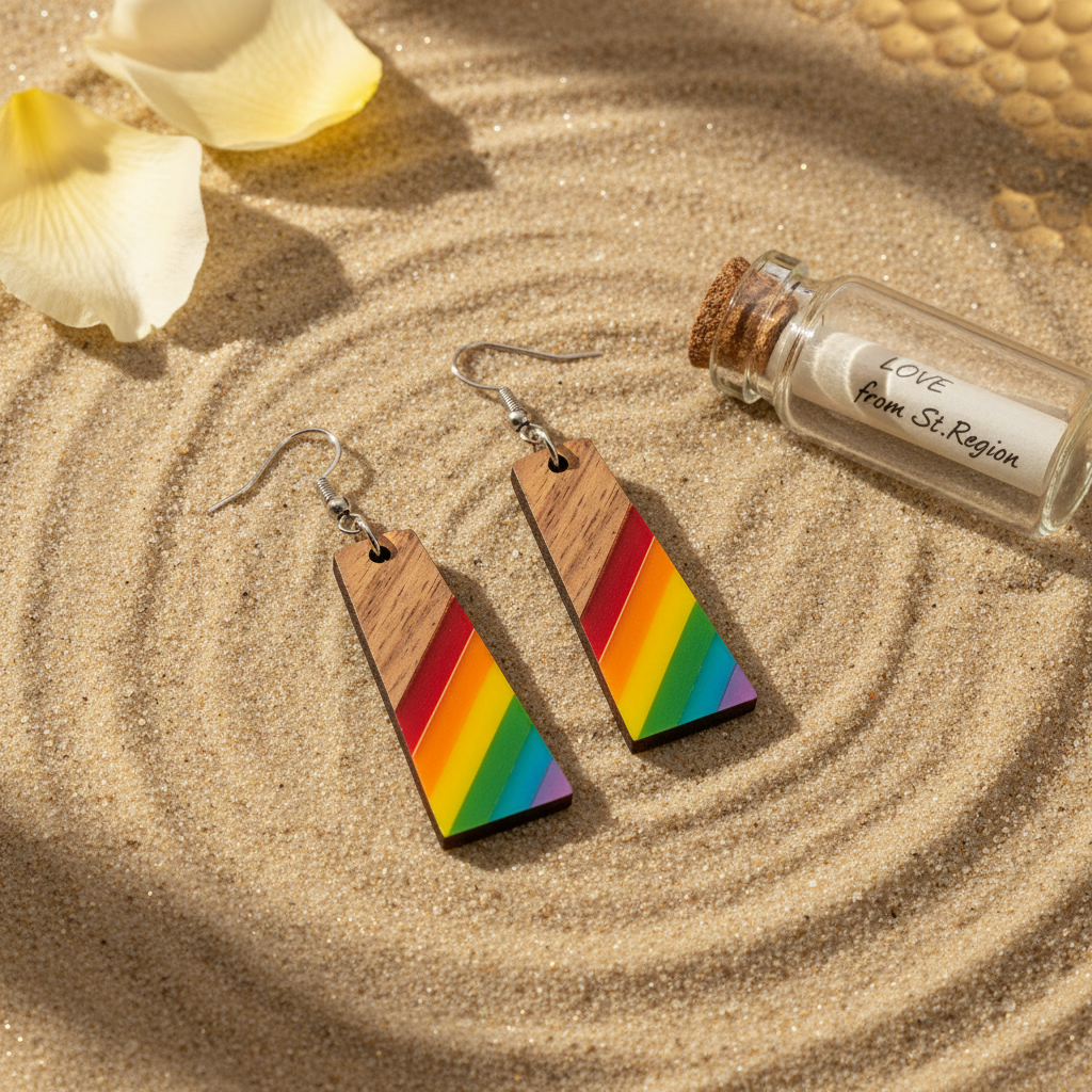 Multi-Colored Resin & Wood Silvertone Stripped Trapezoid Hook Earrings
