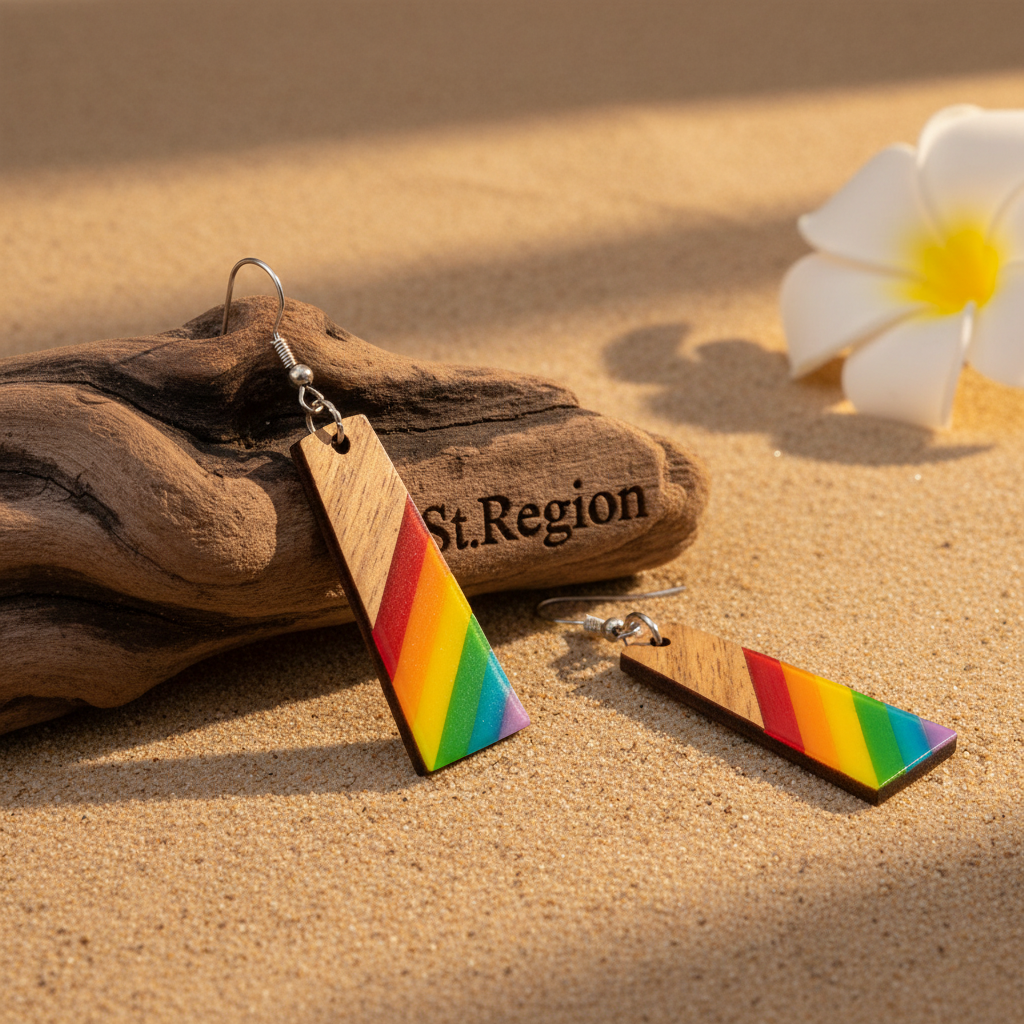 Multi-Colored Resin & Wood Silvertone Stripped Trapezoid Hook Earrings
