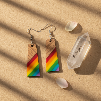 Multi-Colored Resin & Wood Silvertone Stripped Trapezoid Hook Earrings