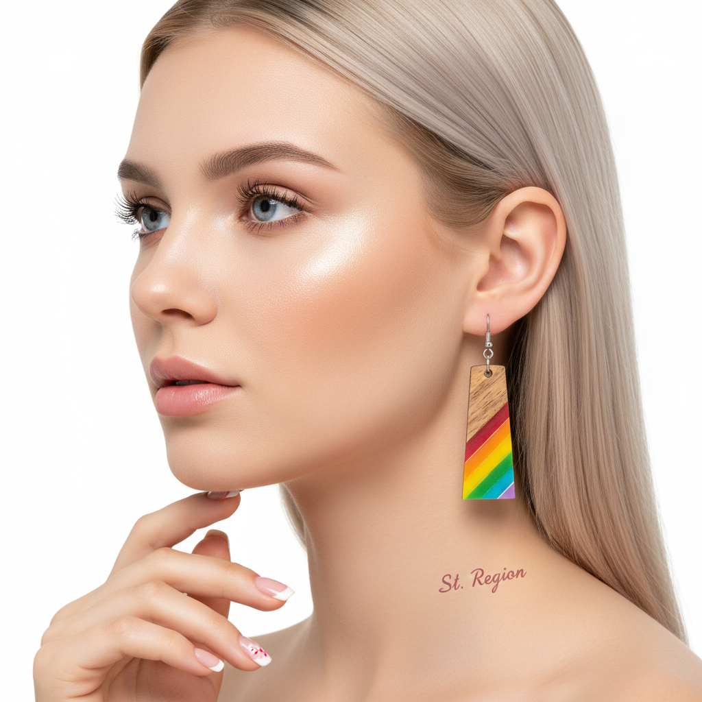 Multi-Colored Resin & Wood Silvertone Stripped Trapezoid Hook Earrings