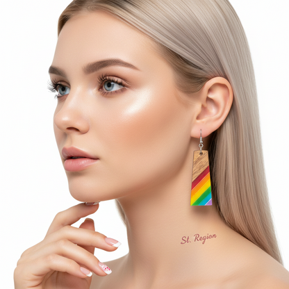Multi-Colored Resin & Wood Silvertone Stripped Trapezoid Hook Earrings