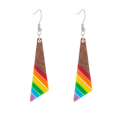 Rainbow Resin & Wood Silvertone Stripped Triangle Hook Earrings