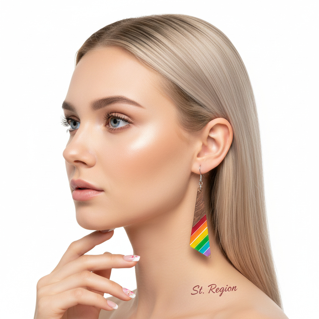 Rainbow Resin & Wood Silvertone Stripped Triangle Hook Earrings