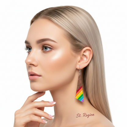 Rainbow Resin & Wood Silvertone Stripped Triangle Hook Earrings
